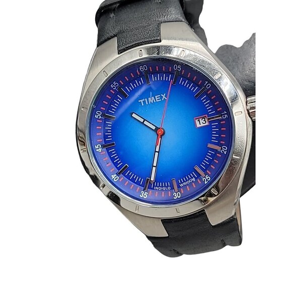 Timex Mens Quartz Watch Blue Face Indiglo WR100M 8" Leather Band 40mm Day VTG - Picture 4 of 15